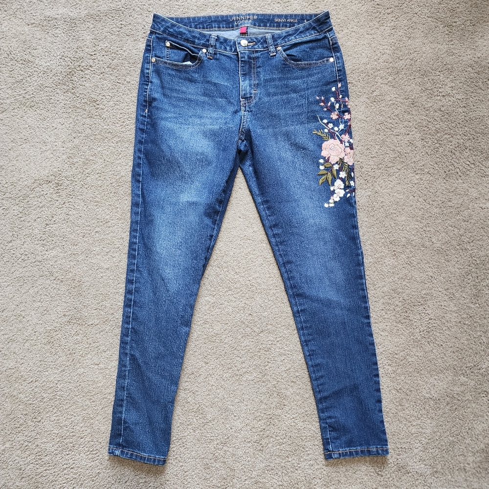 Jennifer Lopez Skinny Ankle Floral Embroidered Blue Jeans